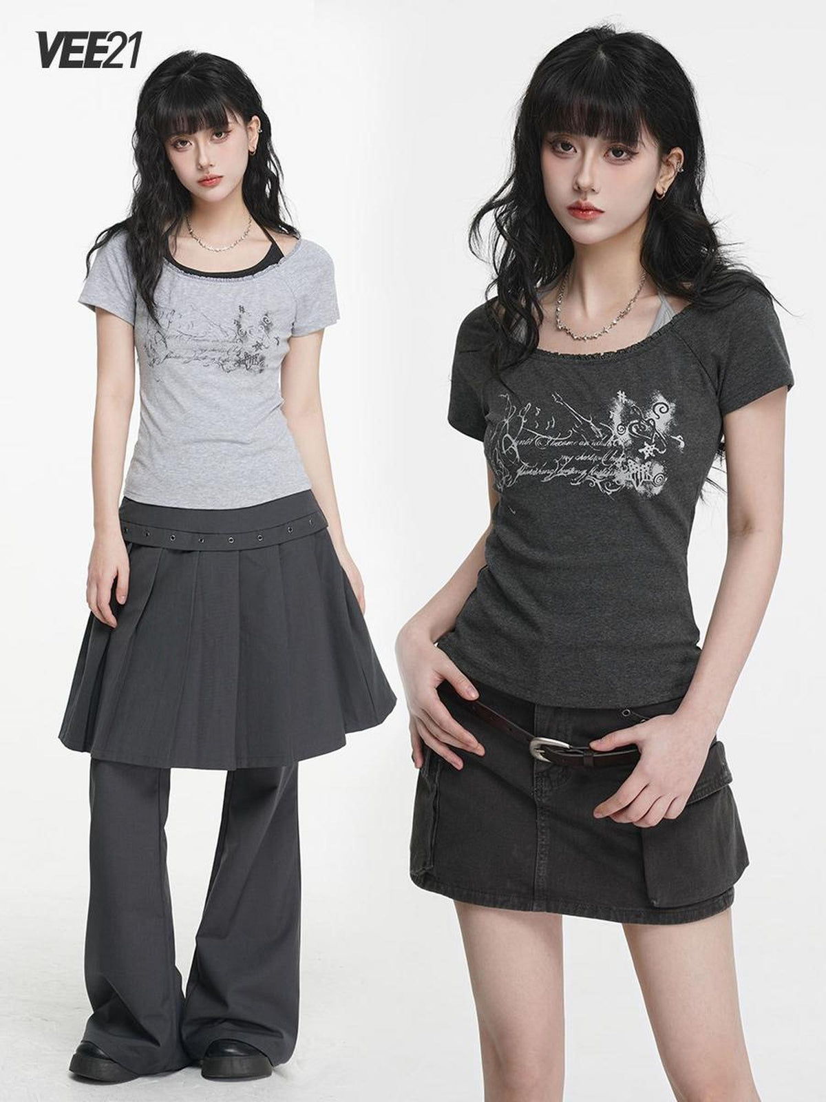 VEEMIX Gray Print Halter Lace Faux Two Piece Women's Cotton Short Sleeve T-shirts