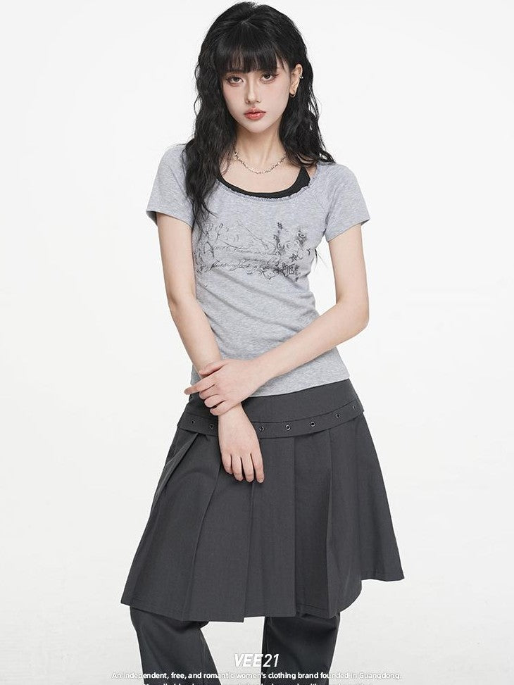 VEEMIX Gray Print Halter Lace Faux Two Piece Women's Cotton Short Sleeve T-shirts