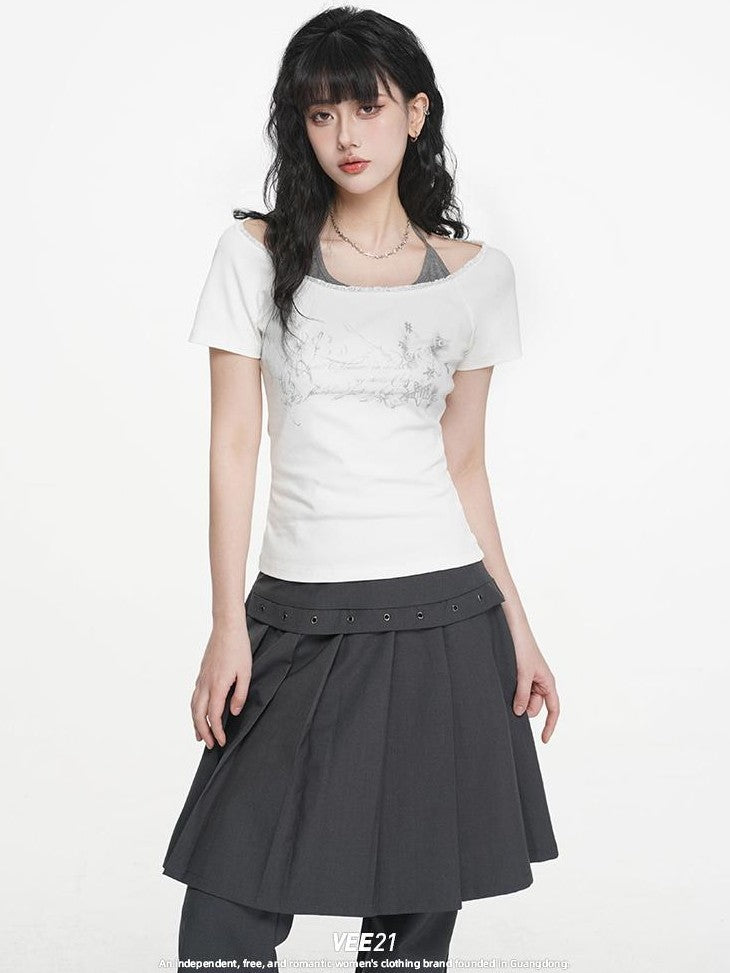 VEEMIX Gray Print Halter Lace Faux Two Piece Women's Cotton Short Sleeve T-shirts