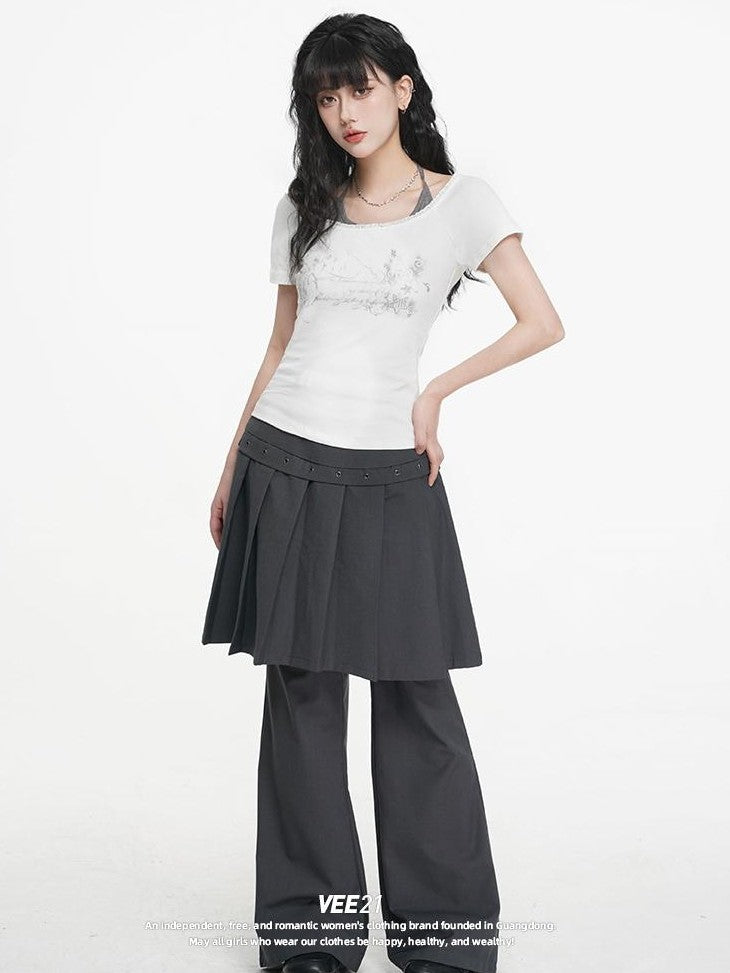 VEEMIX Gray Print Halter Lace Faux Two Piece Women's Cotton Short Sleeve T-shirts