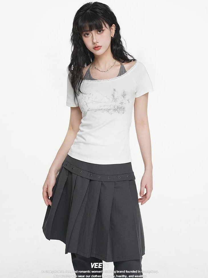 VEEMIX Gray Print Halter Lace Faux Two Piece Women's Cotton Short Sleeve T-shirts