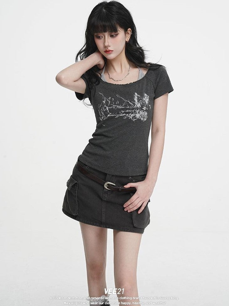 VEEMIX Gray Print Halter Lace Faux Two Piece Women's Cotton Short Sleeve T-shirts
