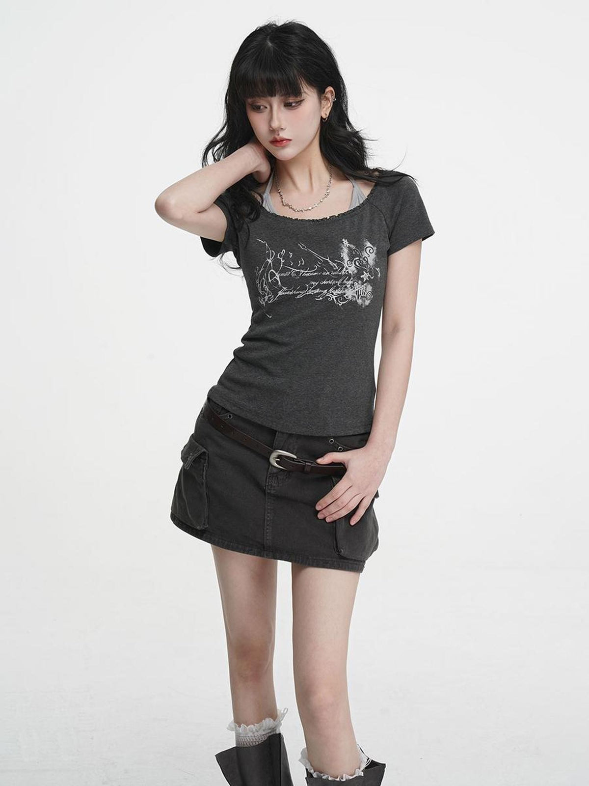 VEEMIX Gray Print Halter Lace Faux Two Piece Women's Cotton Short Sleeve T-shirts