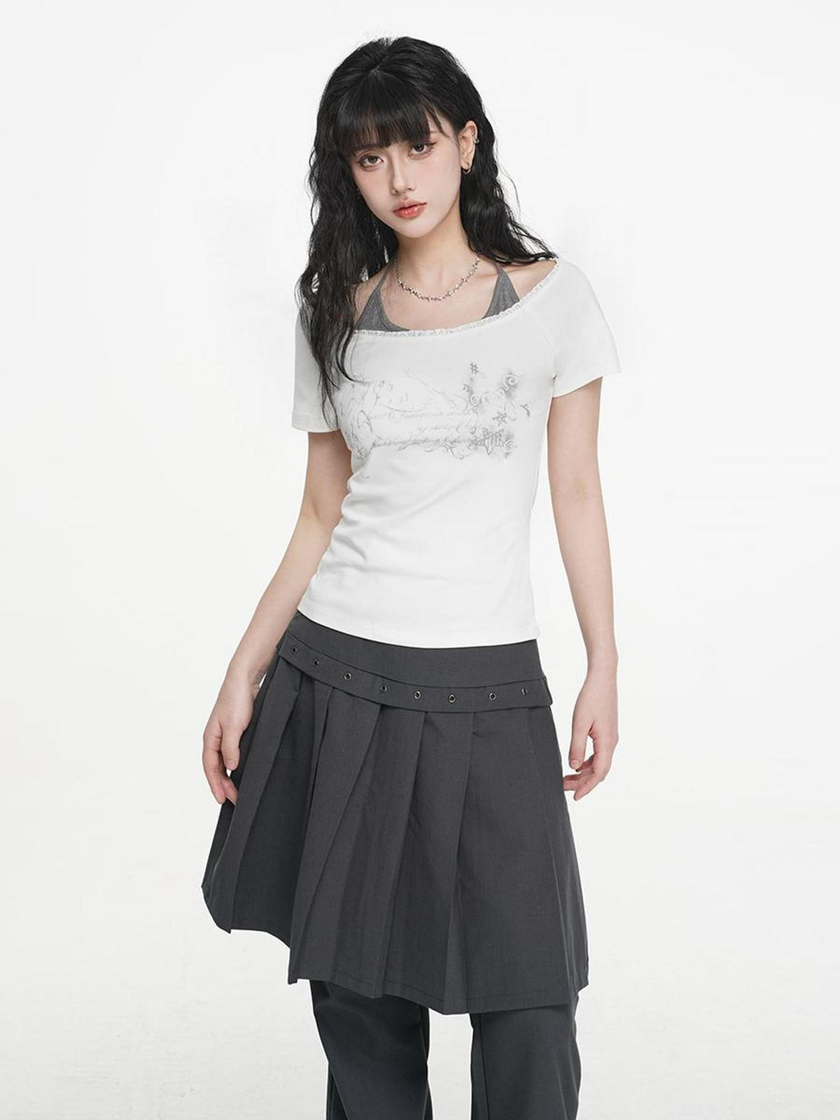 VEEMIX Gray Print Halter Lace Faux Two Piece Women's Cotton Short Sleeve T-shirts