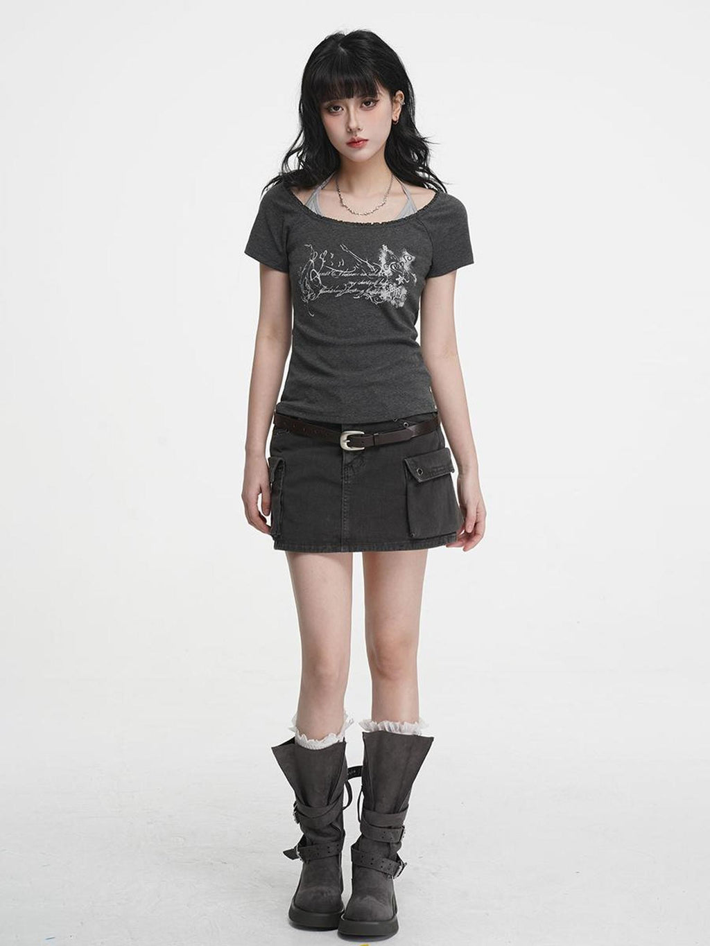 VEEMIX Gray Print Halter Lace Faux Two Piece Women's Cotton Short Sleeve T-shirts