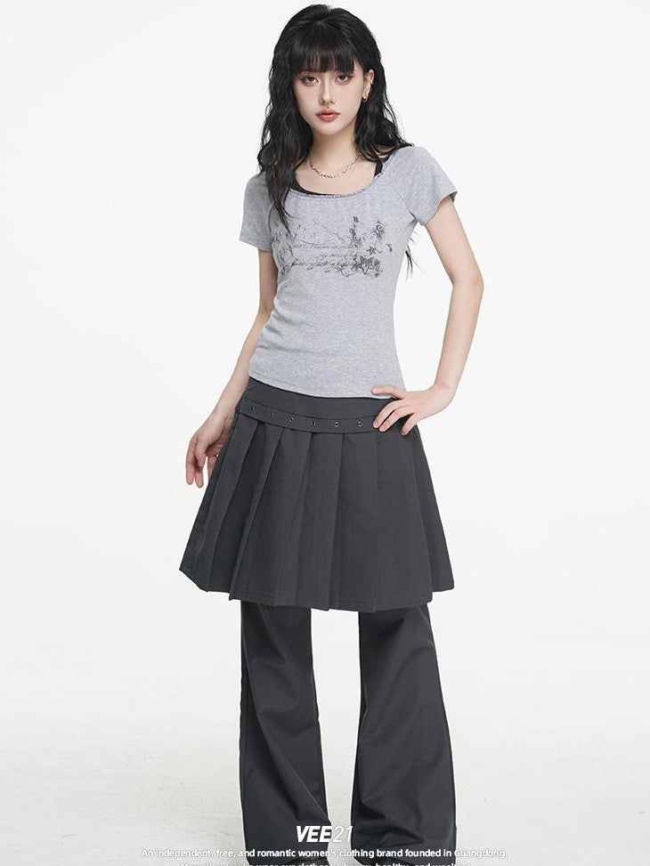 VEEMIX Gray Print Halter Lace Faux Two Piece Women's Cotton Short Sleeve T-shirts