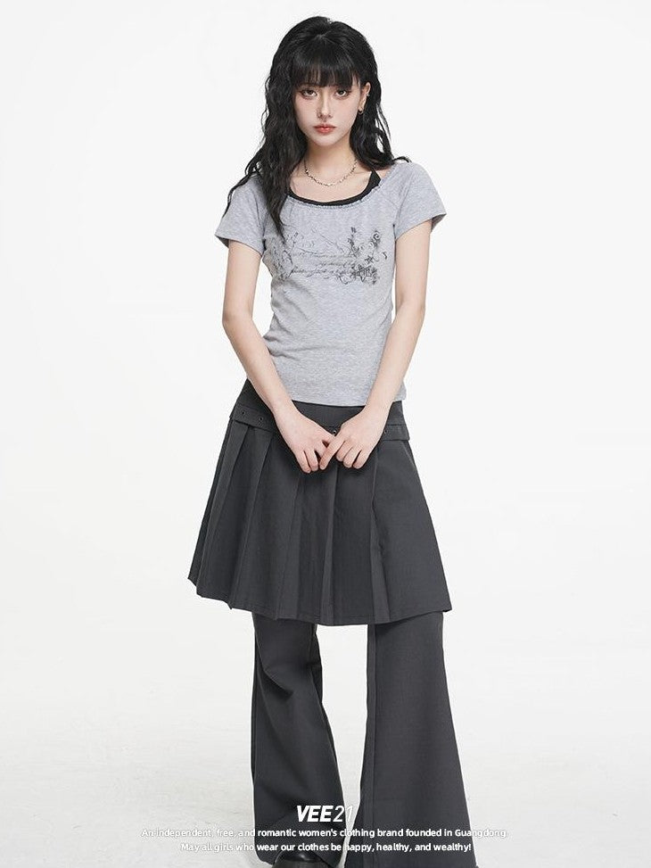 VEEMIX Gray Print Halter Lace Faux Two Piece Women's Cotton Short Sleeve T-shirts