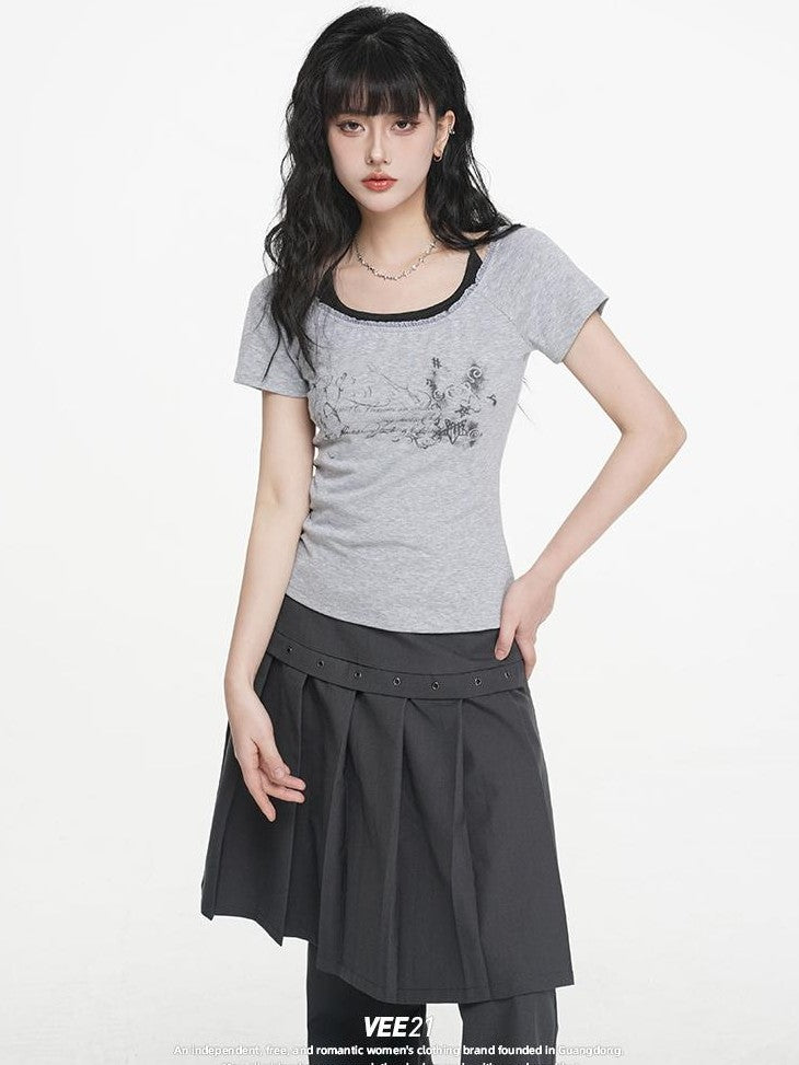 VEEMIX Gray Print Halter Lace Faux Two Piece Women's Cotton Short Sleeve T-shirts