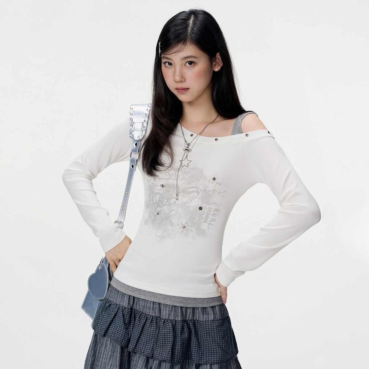VEEMIX_Gray_Print_One_Shoulder_Asymmetric_Slim_Fit_Women's_Wool_Blend_Long_Sleeve_T-shirts_1073026797596_MISSTT