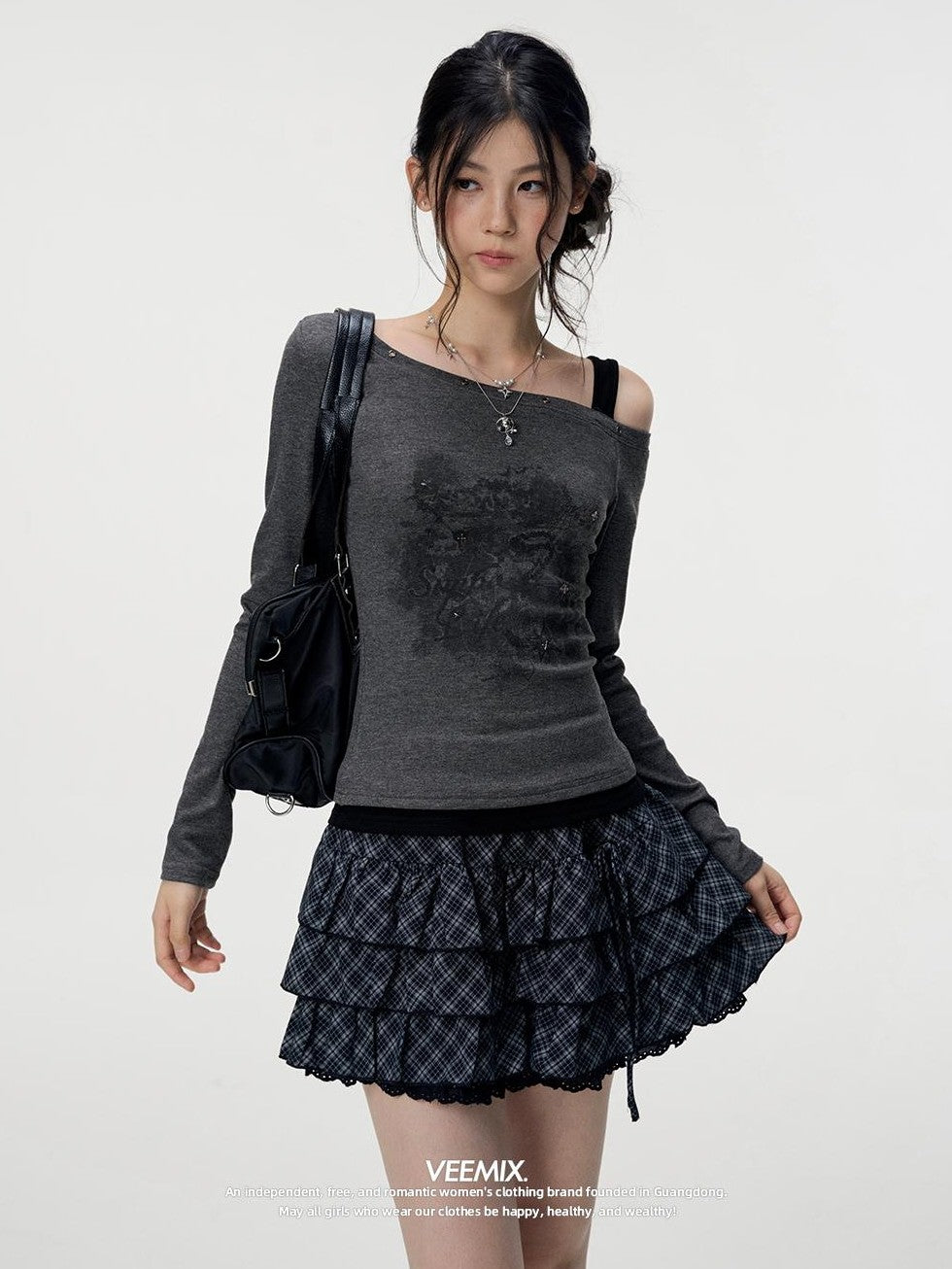 VEEMIX Gray Print One Shoulder Asymmetric Slim Fit Women's Wool Blend Long Sleeve T-shirts