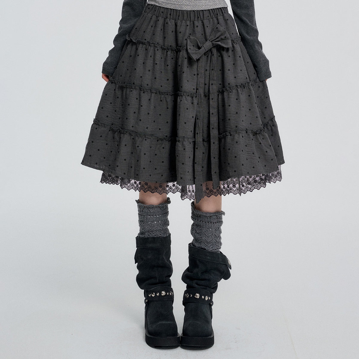 VEEMIX_Gray_Retro_Polka_Dot_Bow_Lace_Tiered_High_Waist_A_Line_Women's_Polyester_Midi_Skirts_1090050972830_MISSTT