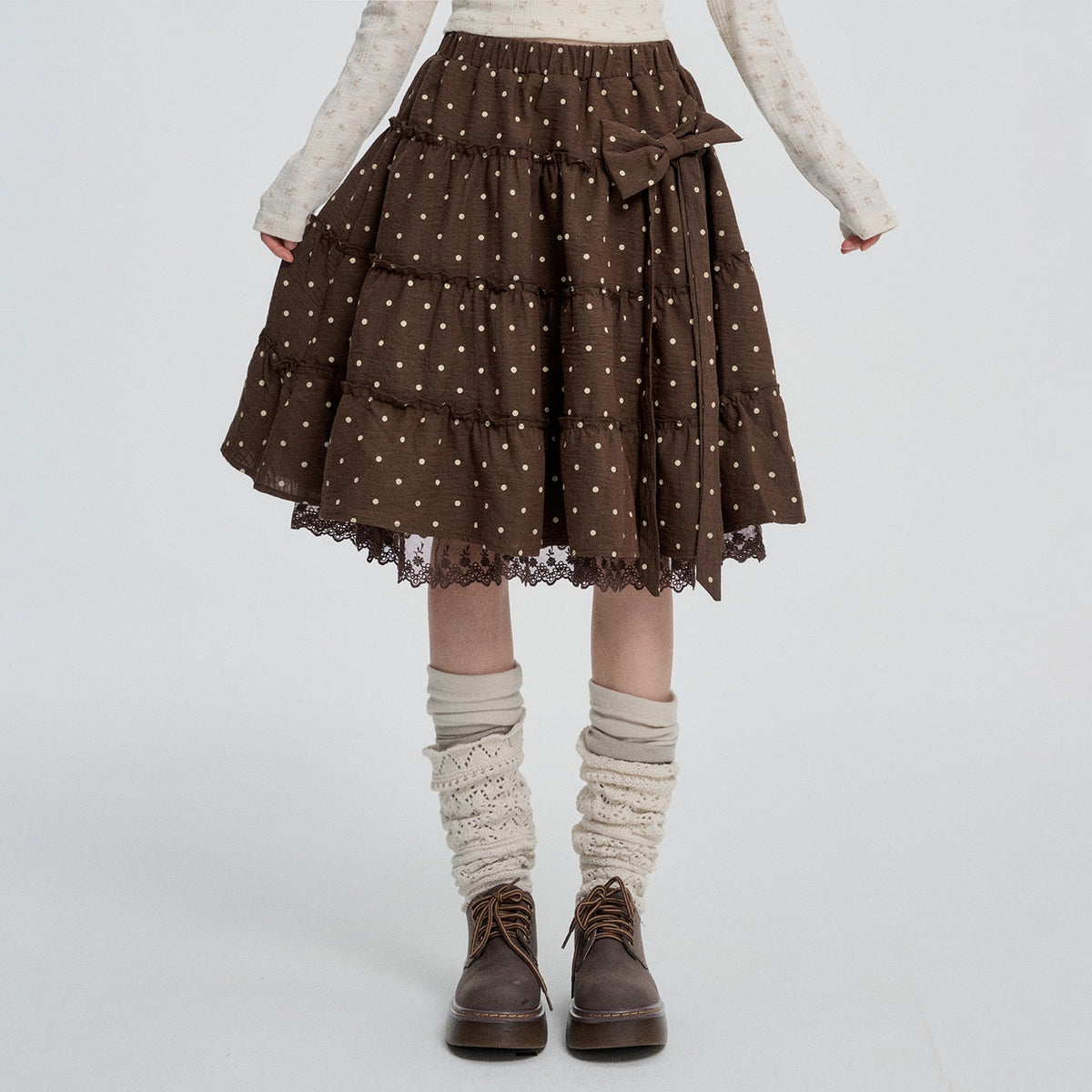 VEEMIX_Gray_Retro_Polka_Dot_Bow_Lace_Tiered_High_Waist_A_Line_Women's_Polyester_Midi_Skirts_1090050972830_MISSTT