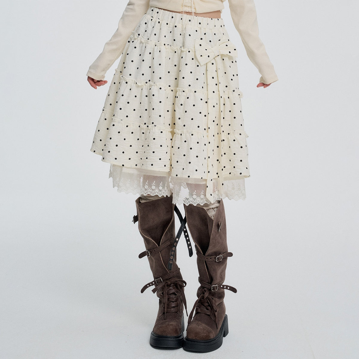 VEEMIX_Gray_Retro_Polka_Dot_Bow_Lace_Tiered_High_Waist_A_Line_Women's_Polyester_Midi_Skirts_1090050972830_MISSTT