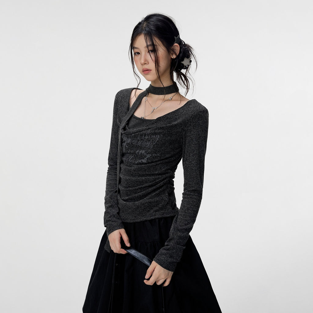 VEEMIX_Gray_Ruched_Letter_Print_Faux_Layered_Women's_Cotton_Long_Sleeve_T-shirts_1070910611037_MISSTT