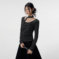 VEEMIX_Gray_Ruched_Letter_Print_Faux_Layered_Women's_Cotton_Long_Sleeve_T-shirts_1070910611037_MISSTT