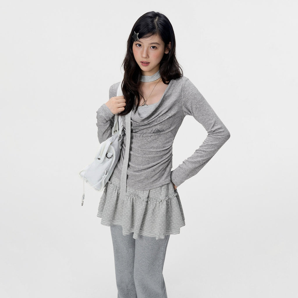 VEEMIX_Gray_Ruched_Letter_Print_Faux_Layered_Women's_Cotton_Long_Sleeve_T-shirts_1070910611037_MISSTT