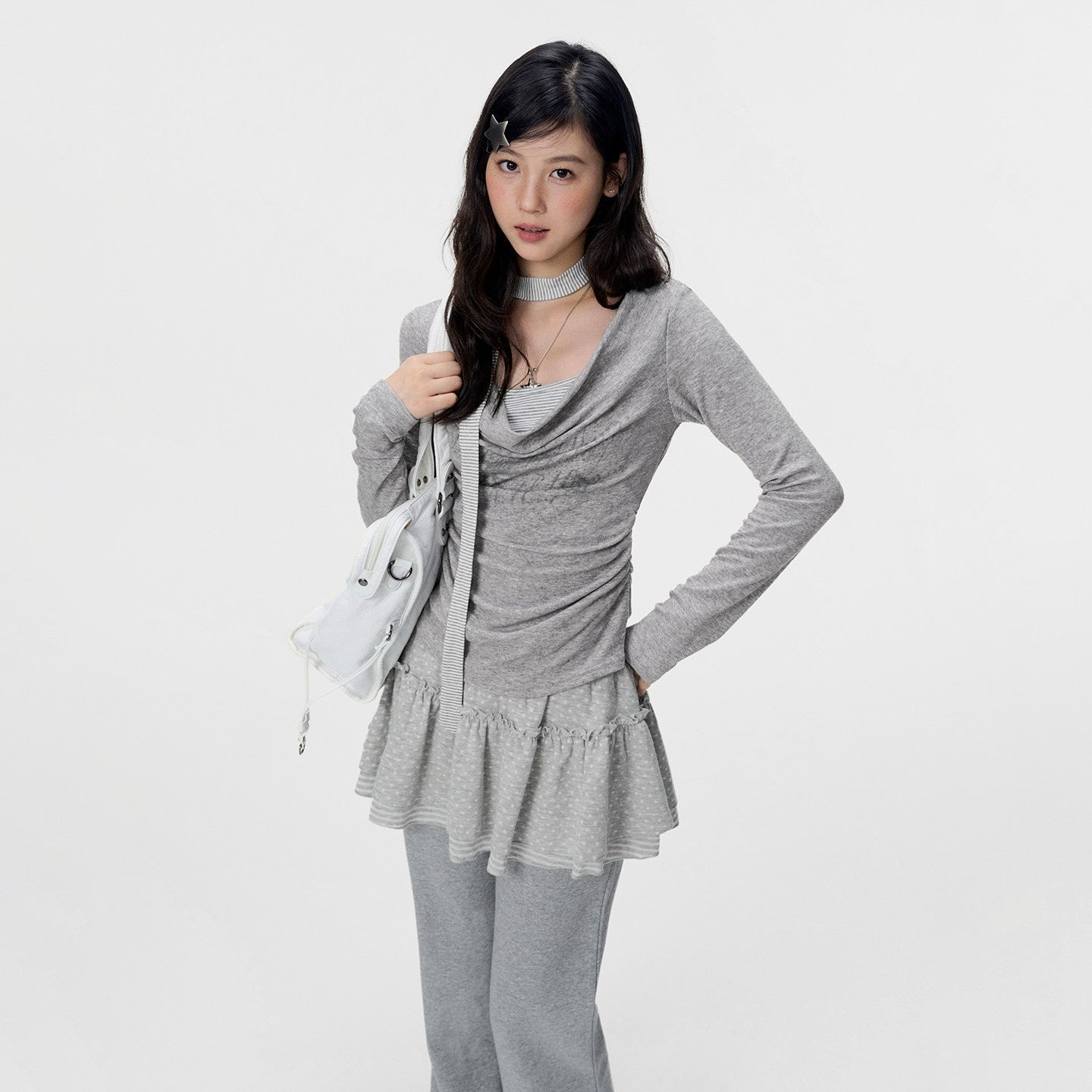 VEEMIX_Gray_Ruched_Letter_Print_Faux_Layered_Women's_Cotton_Long_Sleeve_T-shirts_1070910611037_MISSTT