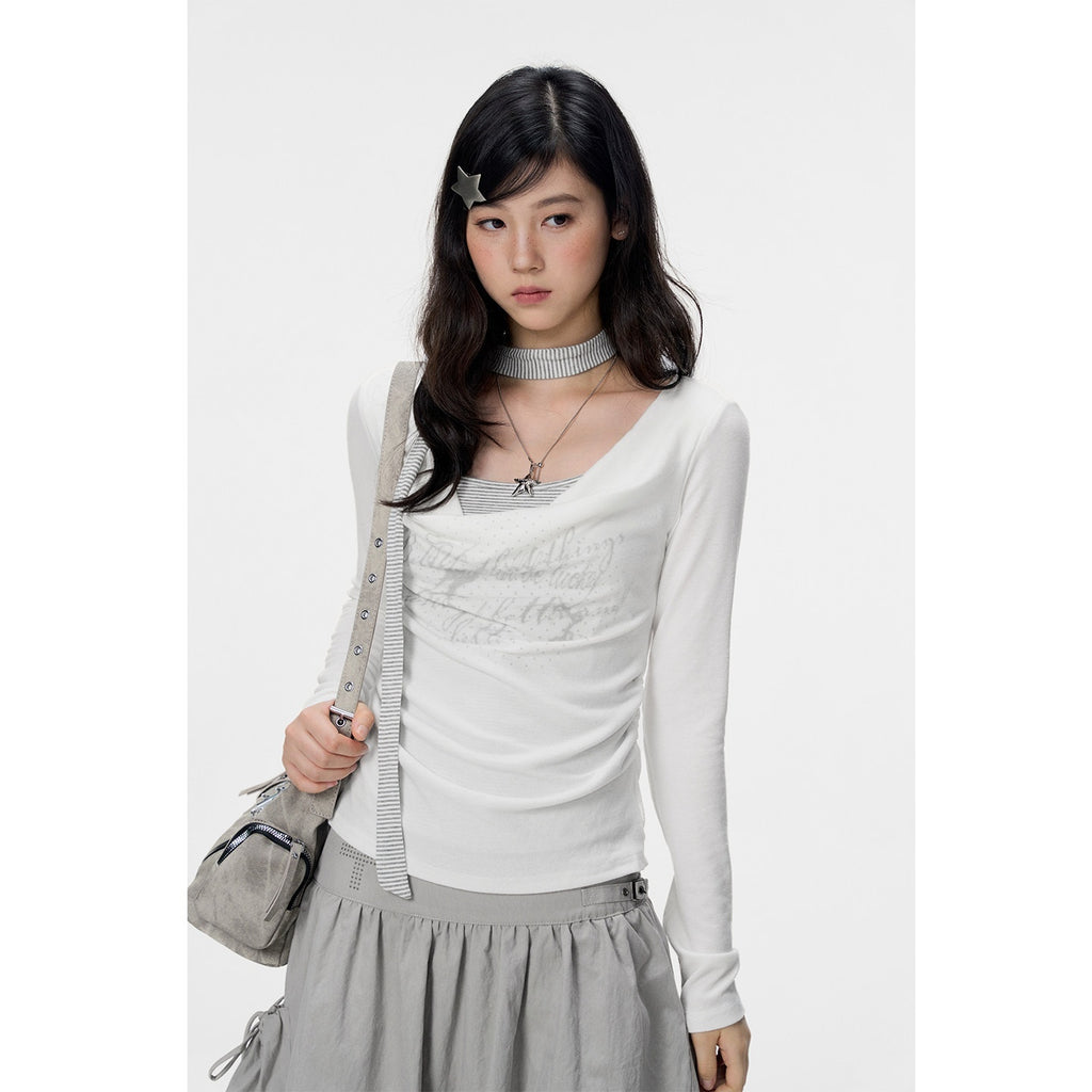 VEEMIX_Gray_Ruched_Letter_Print_Faux_Layered_Women's_Cotton_Long_Sleeve_T-shirts_1070910611037_MISSTT