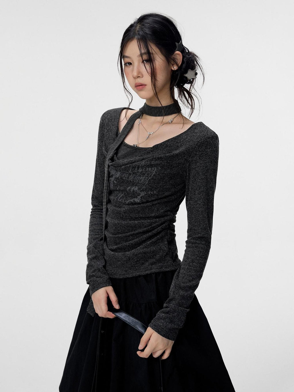 VEEMIX Gray Ruched Letter Print Faux Layered Women's Cotton Long Sleeve T-shirts