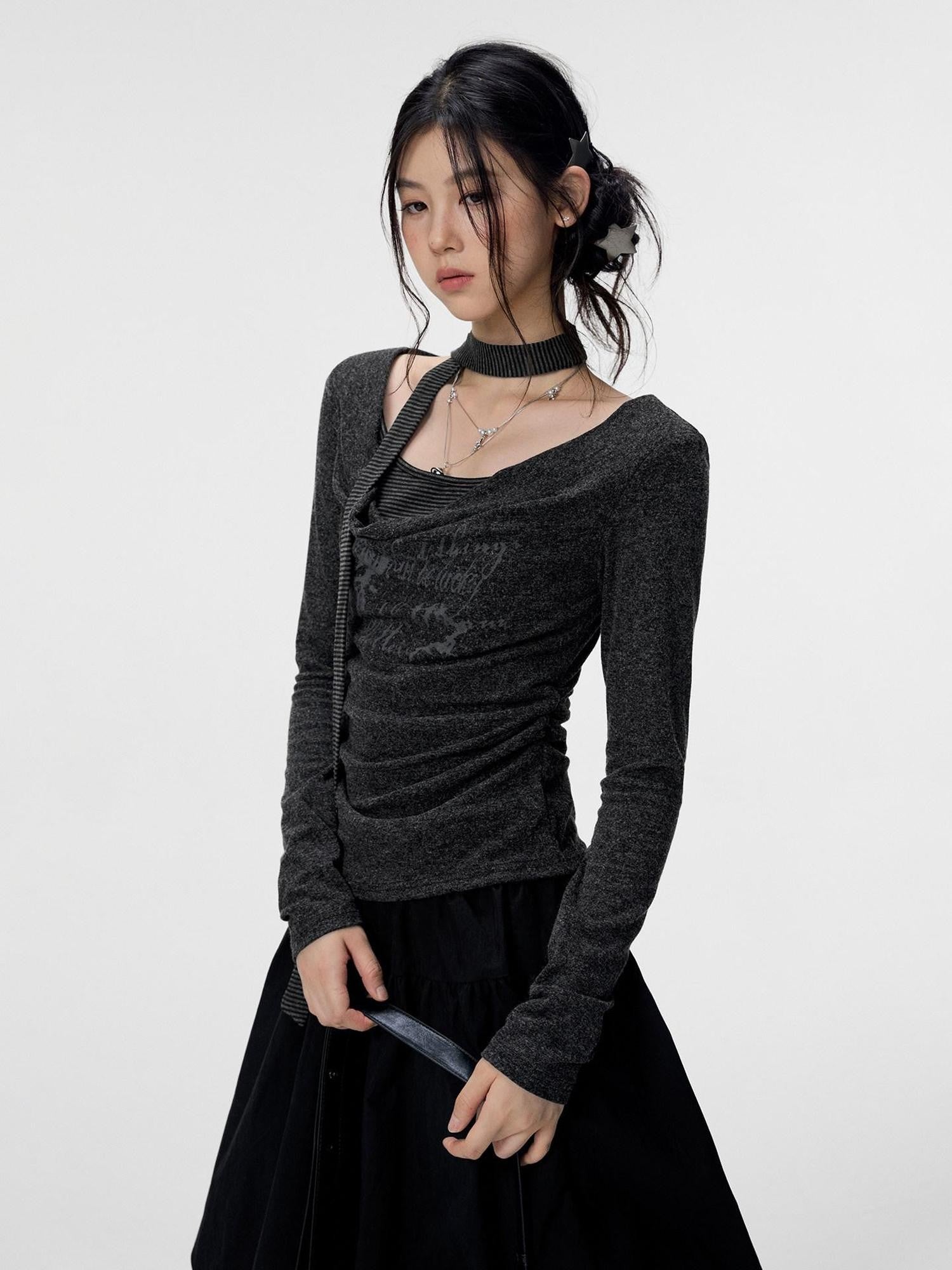 VEEMIX Gray Ruched Letter Print Faux Layered Women's Cotton Long Sleeve T-shirts