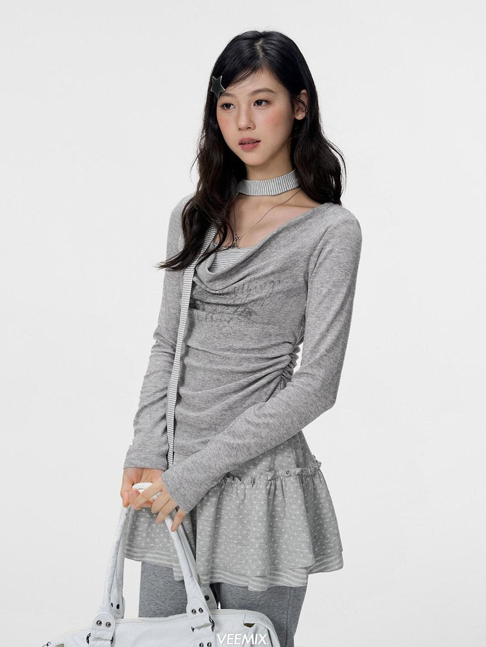 VEEMIX Gray Ruched Letter Print Faux Layered Women's Cotton Long Sleeve T-shirts