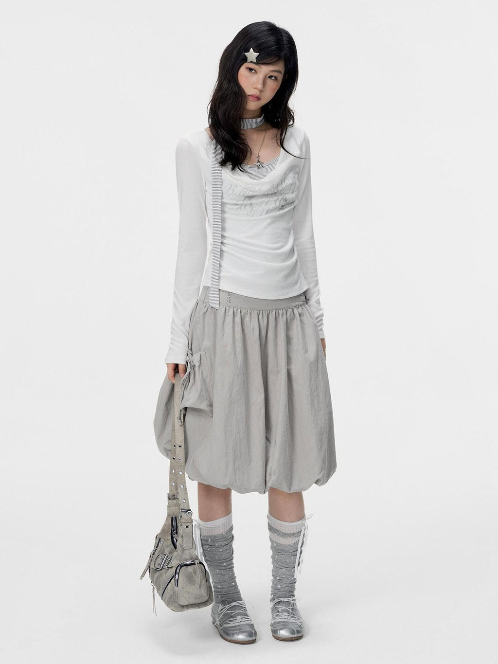 VEEMIX Gray Ruched Letter Print Faux Layered Women's Cotton Long Sleeve T-shirts