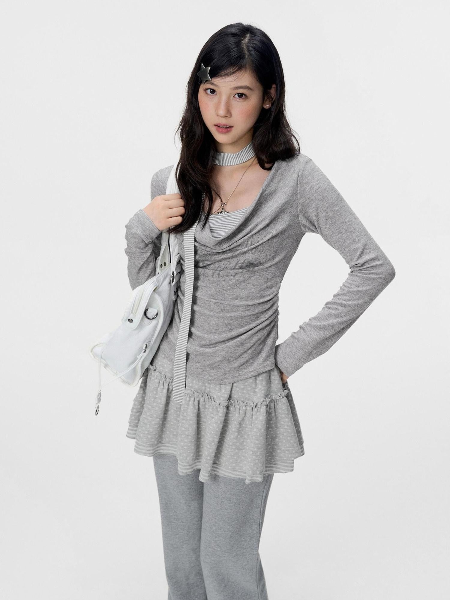 VEEMIX Gray Ruched Letter Print Faux Layered Women's Cotton Long Sleeve T-shirts