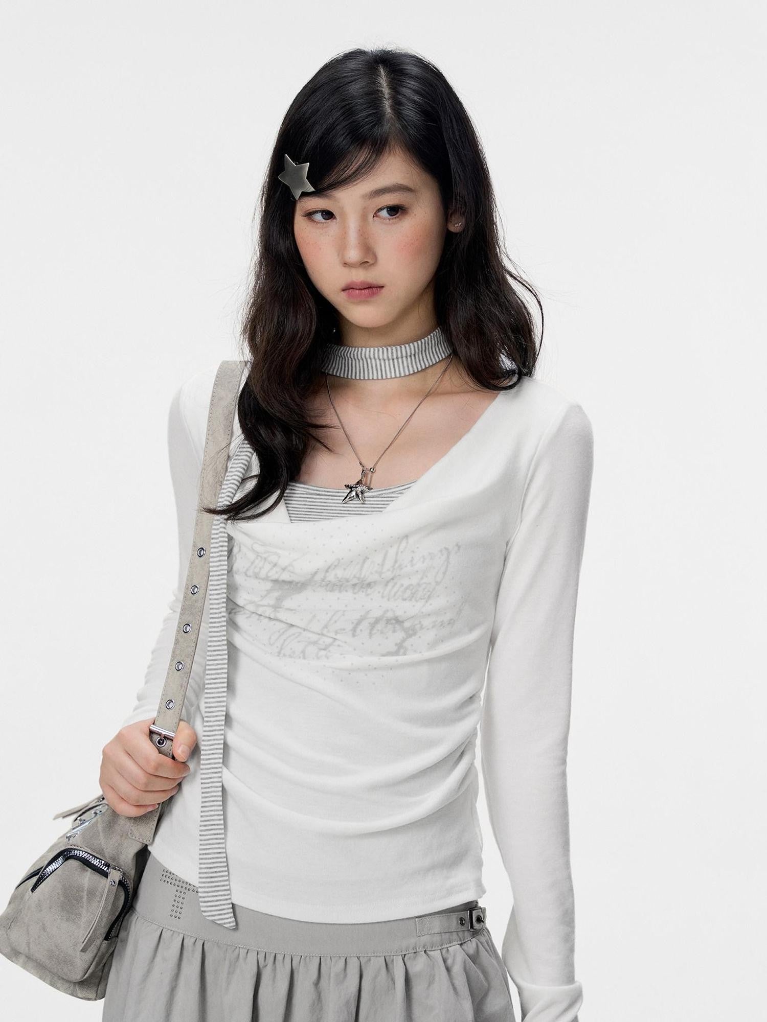VEEMIX Gray Ruched Letter Print Faux Layered Women's Cotton Long Sleeve T-shirts