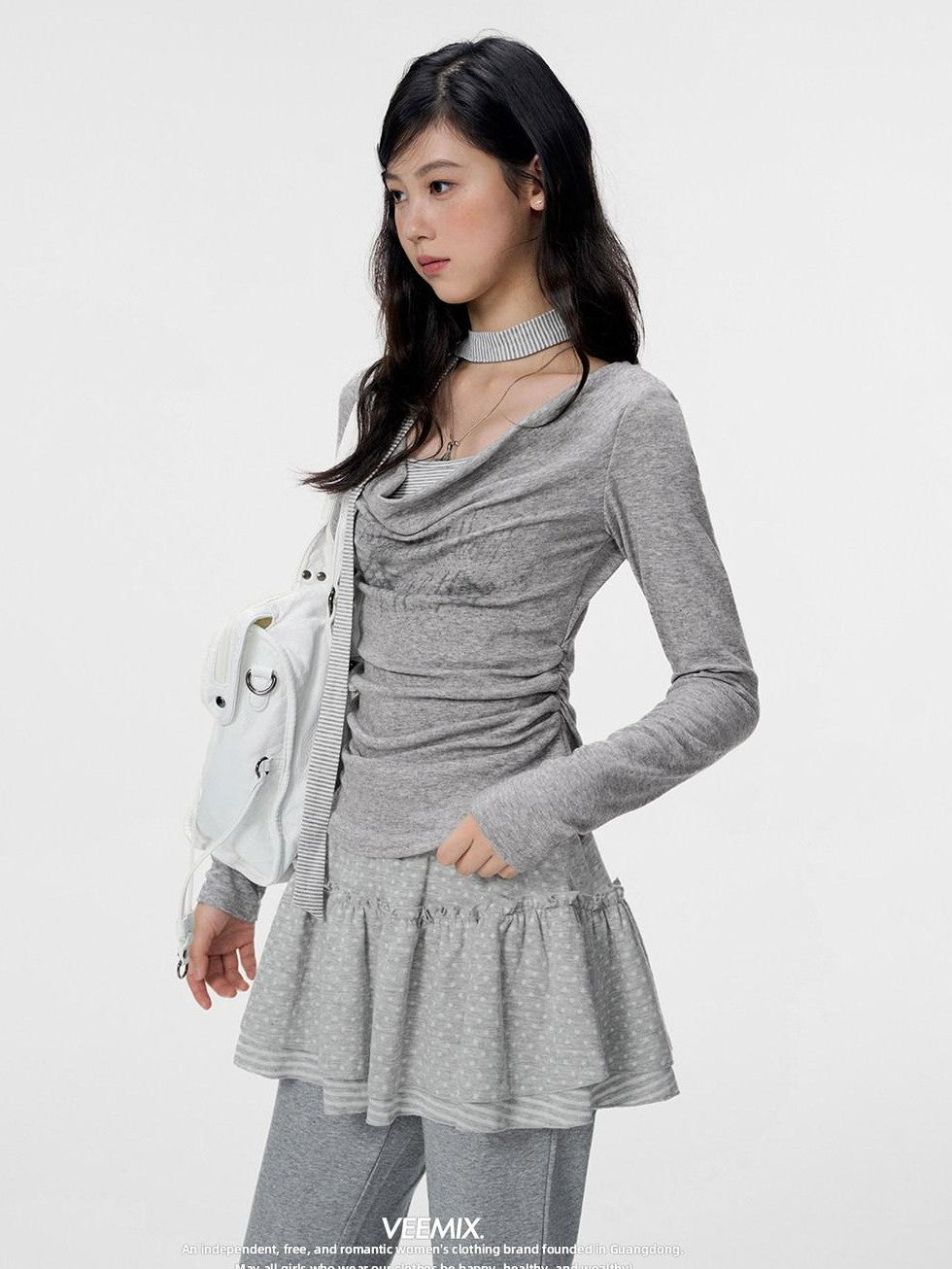 VEEMIX Gray Ruched Letter Print Faux Layered Women's Cotton Long Sleeve T-shirts