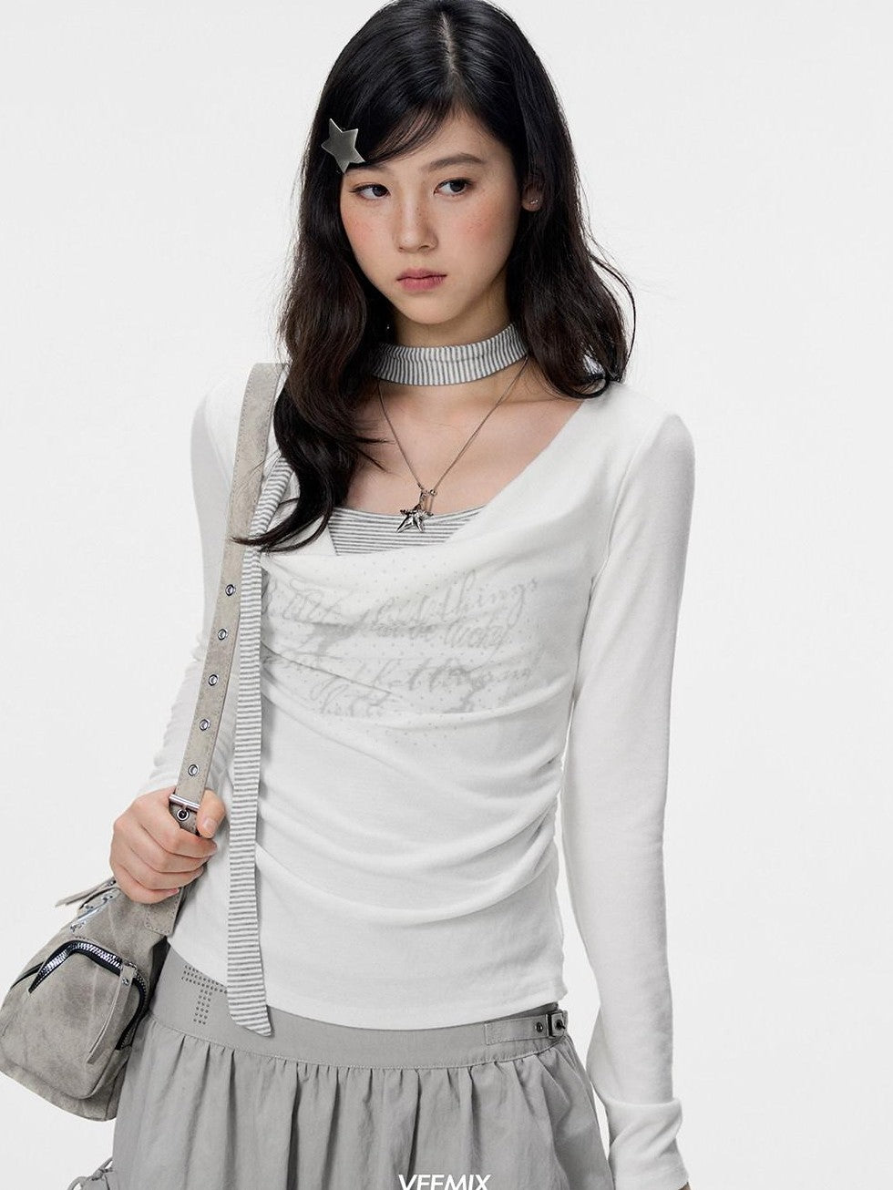 VEEMIX Gray Ruched Letter Print Faux Layered Women's Cotton Long Sleeve T-shirts