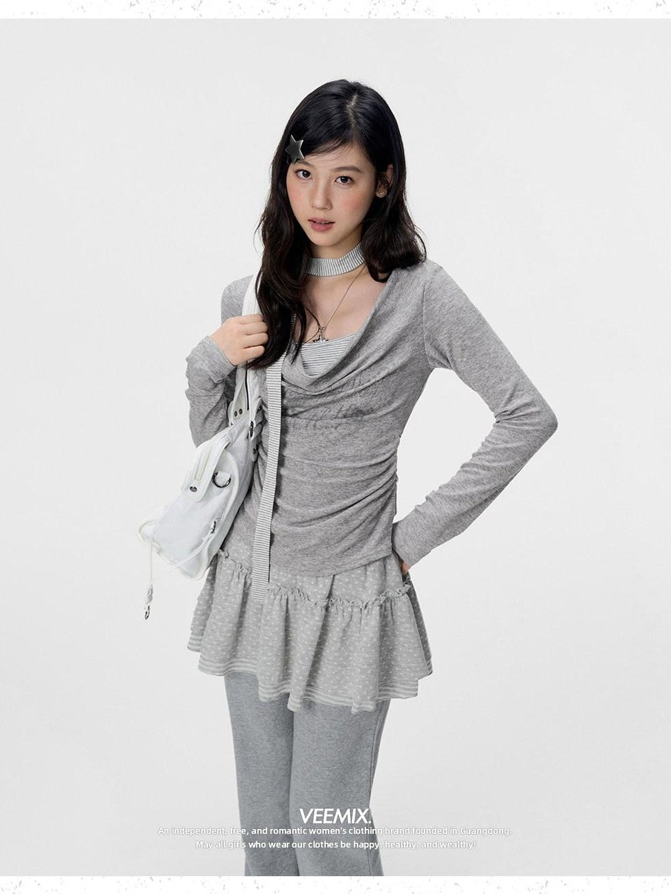 VEEMIX Gray Ruched Letter Print Faux Layered Women's Cotton Long Sleeve T-shirts