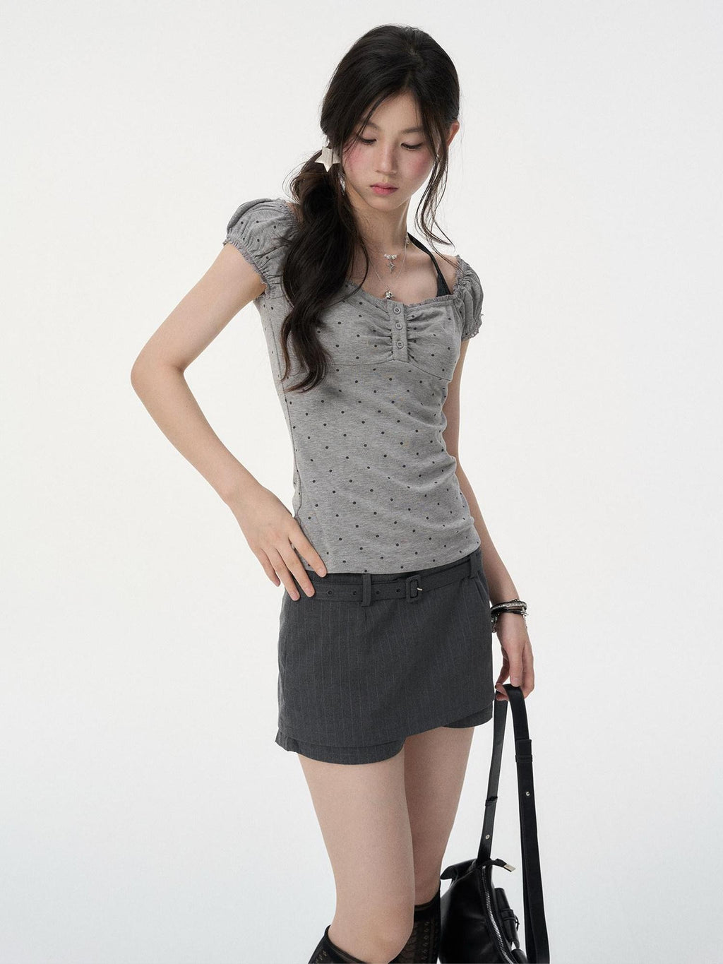 VEEMIX Gray Striped Belted Bodycon Side Zipper Women's Polyester Blend Mini Skirts