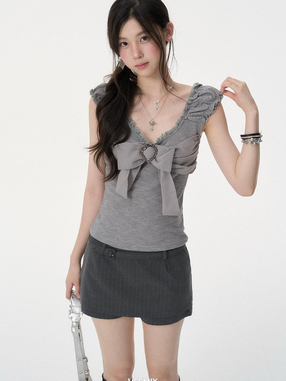 VEEMIX Gray Striped Belted Bodycon Side Zipper Women's Polyester Blend Mini Skirts