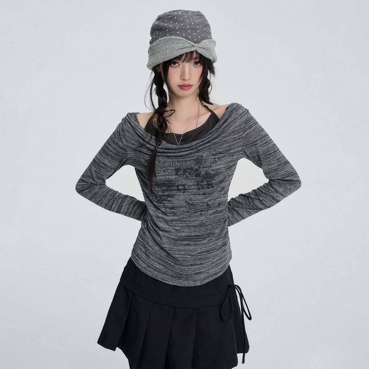 VEEMIX_Gray_Striped_Halter_Neck_Fake_Two_Piece_Women's_Long_Sleeve_T-shirts_1084517998895_MISSTT