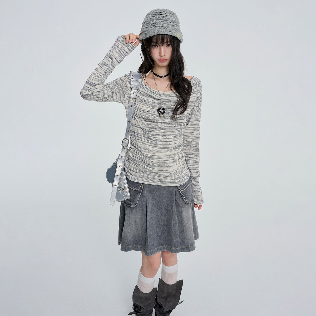VEEMIX_Gray_Striped_Halter_Neck_Fake_Two_Piece_Women's_Long_Sleeve_T-shirts_1084517998895_MISSTT