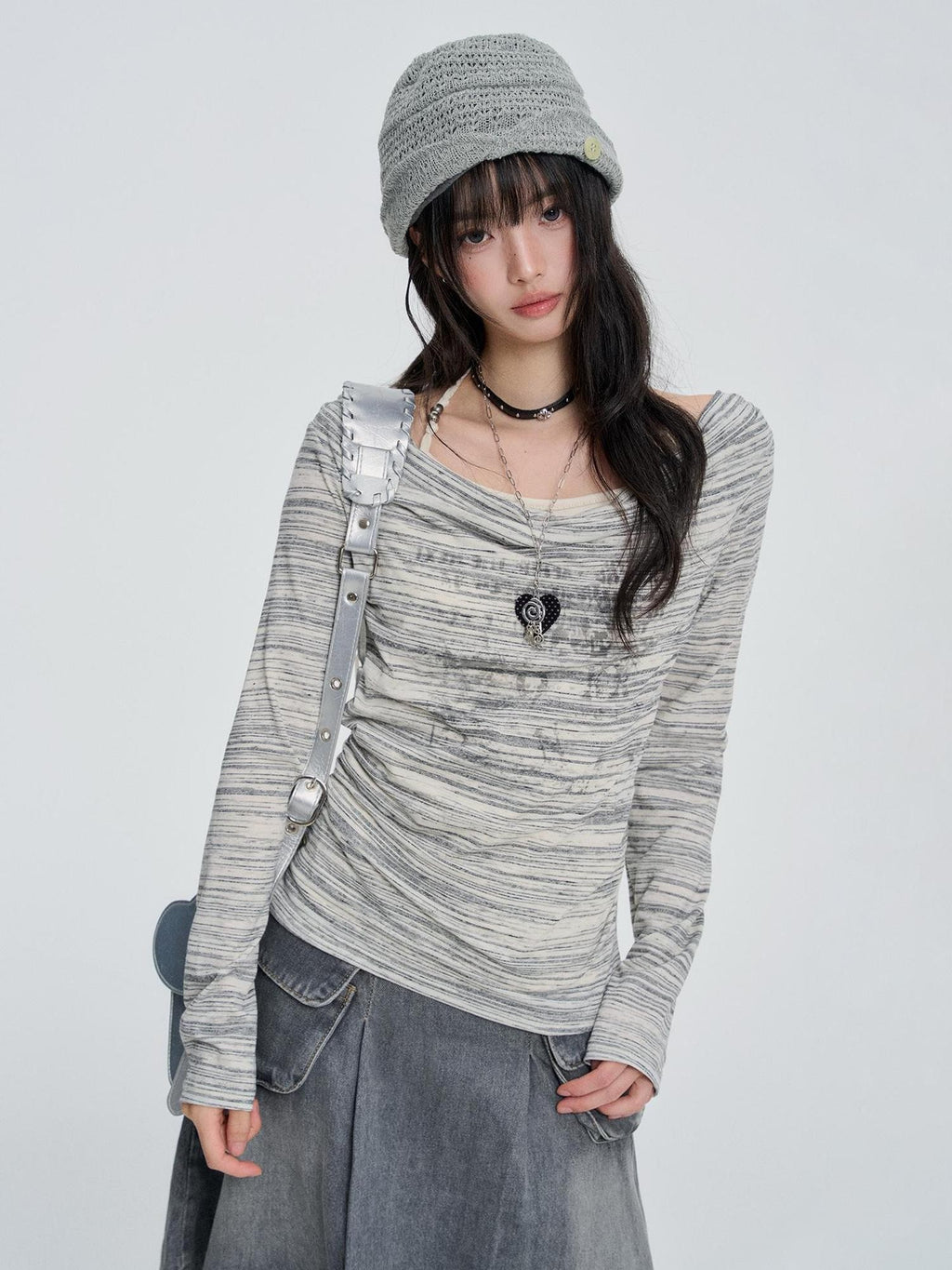 VEEMIX Gray Striped Halter Neck Fake Two Piece Women's Long Sleeve T-shirts