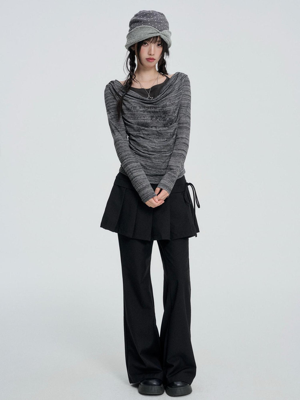 VEEMIX Gray Striped Halter Neck Fake Two Piece Women's Long Sleeve T-shirts