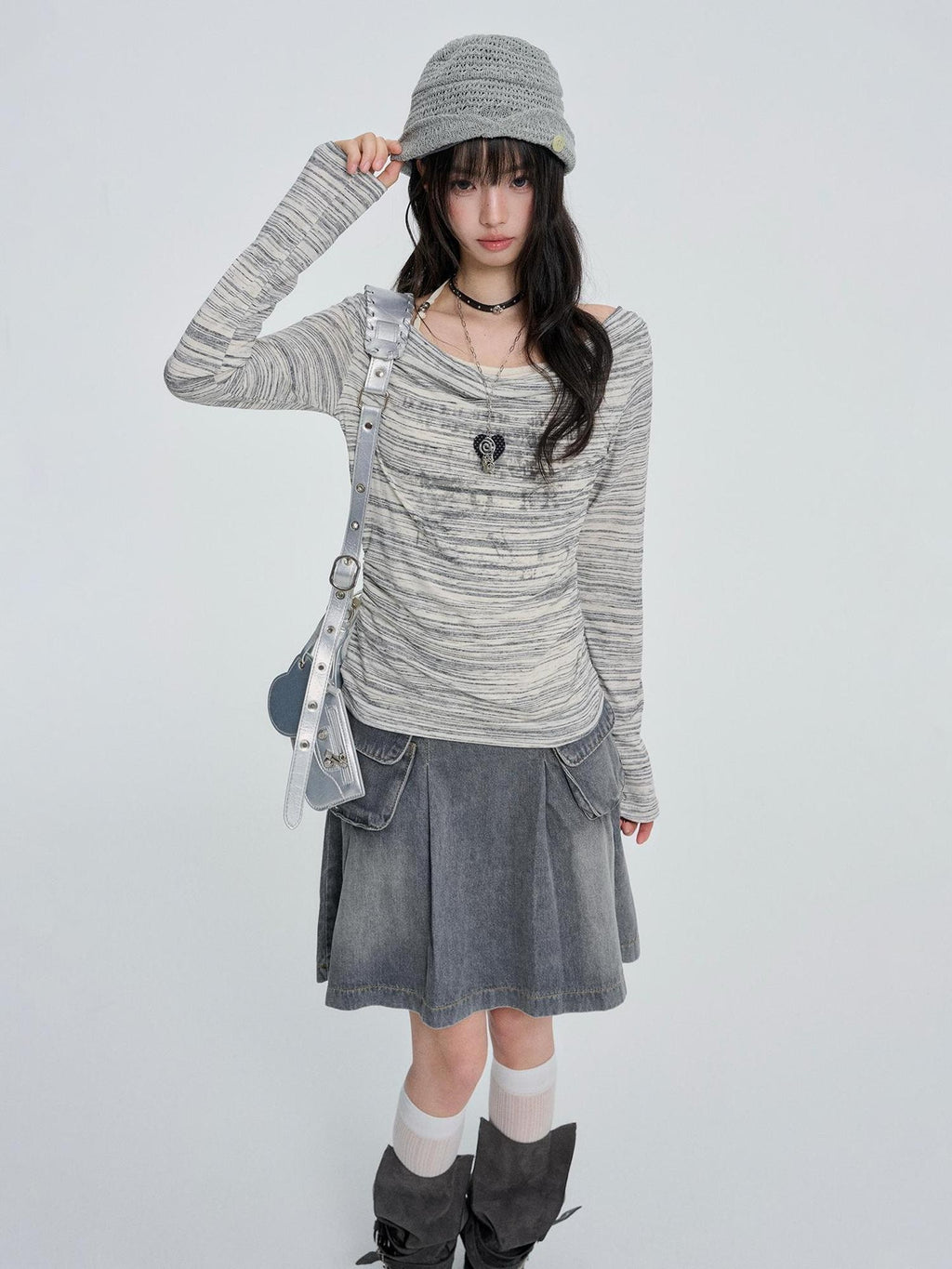 VEEMIX Gray Striped Halter Neck Fake Two Piece Women's Long Sleeve T-shirts