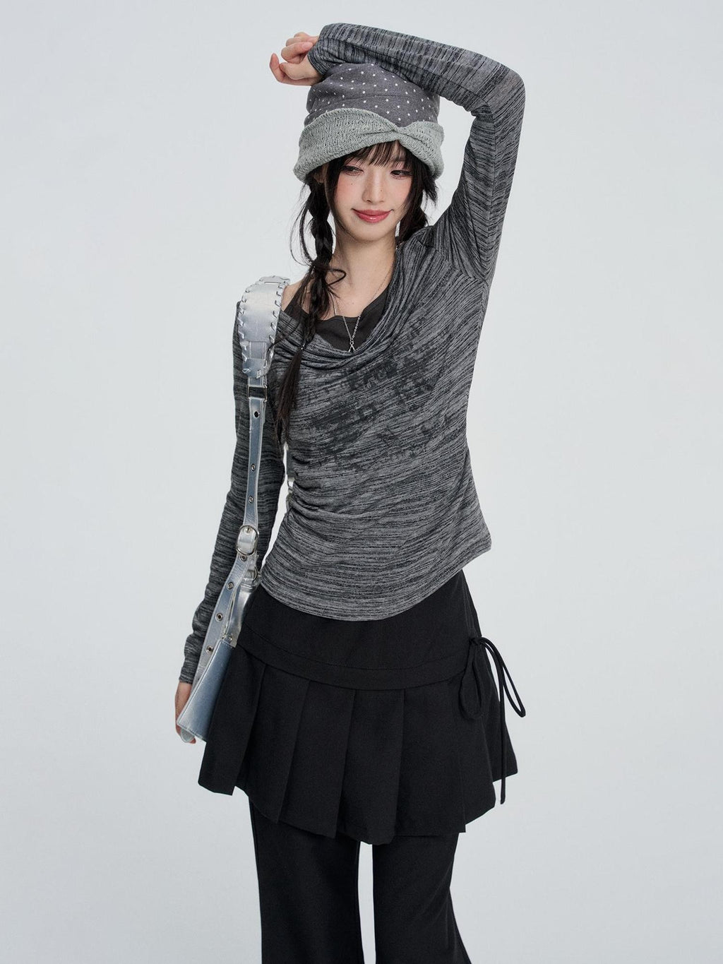 VEEMIX Gray Striped Halter Neck Fake Two Piece Women's Long Sleeve T-shirts