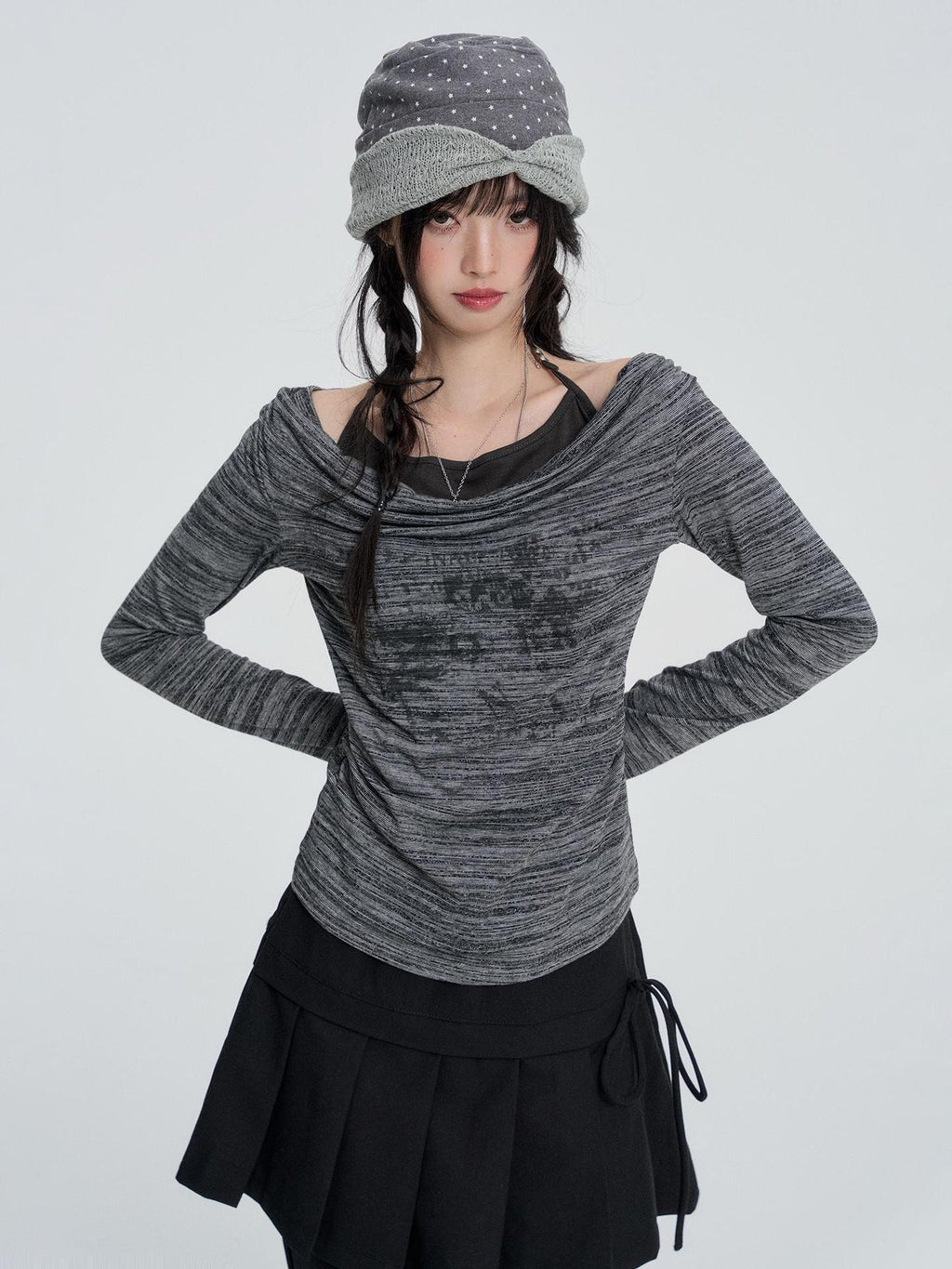 VEEMIX Gray Striped Halter Neck Fake Two Piece Women's Long Sleeve T-shirts