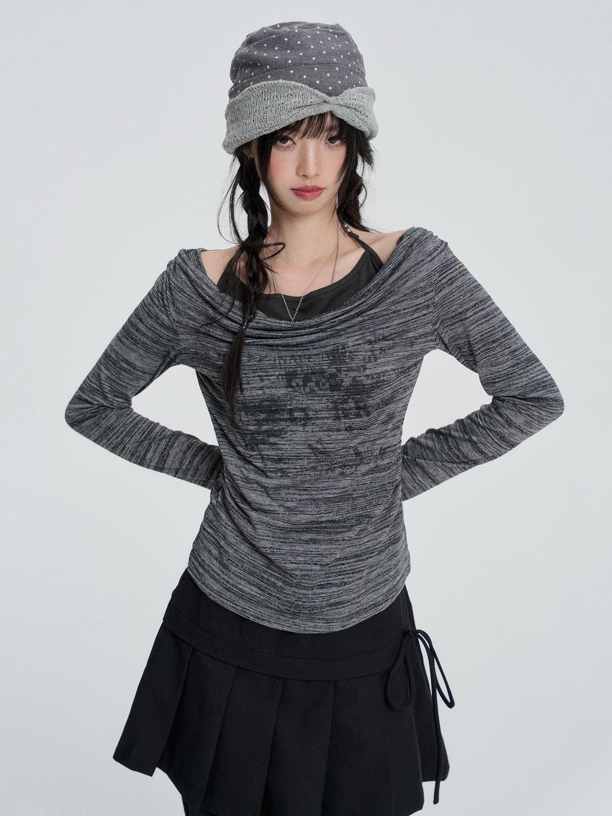 VEEMIX Gray Striped Halter Neck Fake Two Piece Women's Long Sleeve T-shirts