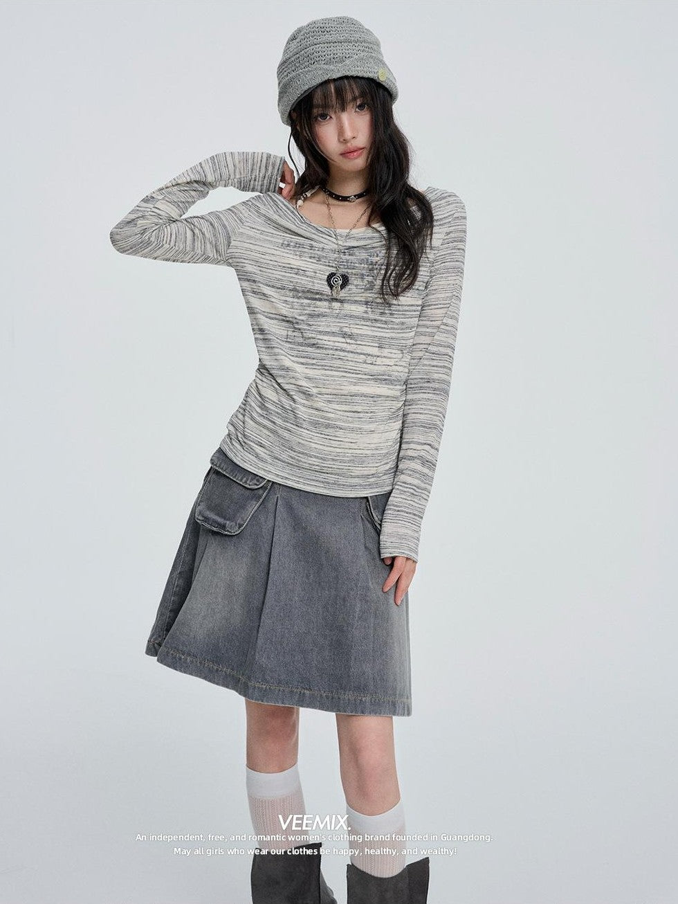 VEEMIX Gray Striped Halter Neck Fake Two Piece Women's Long Sleeve T-shirts