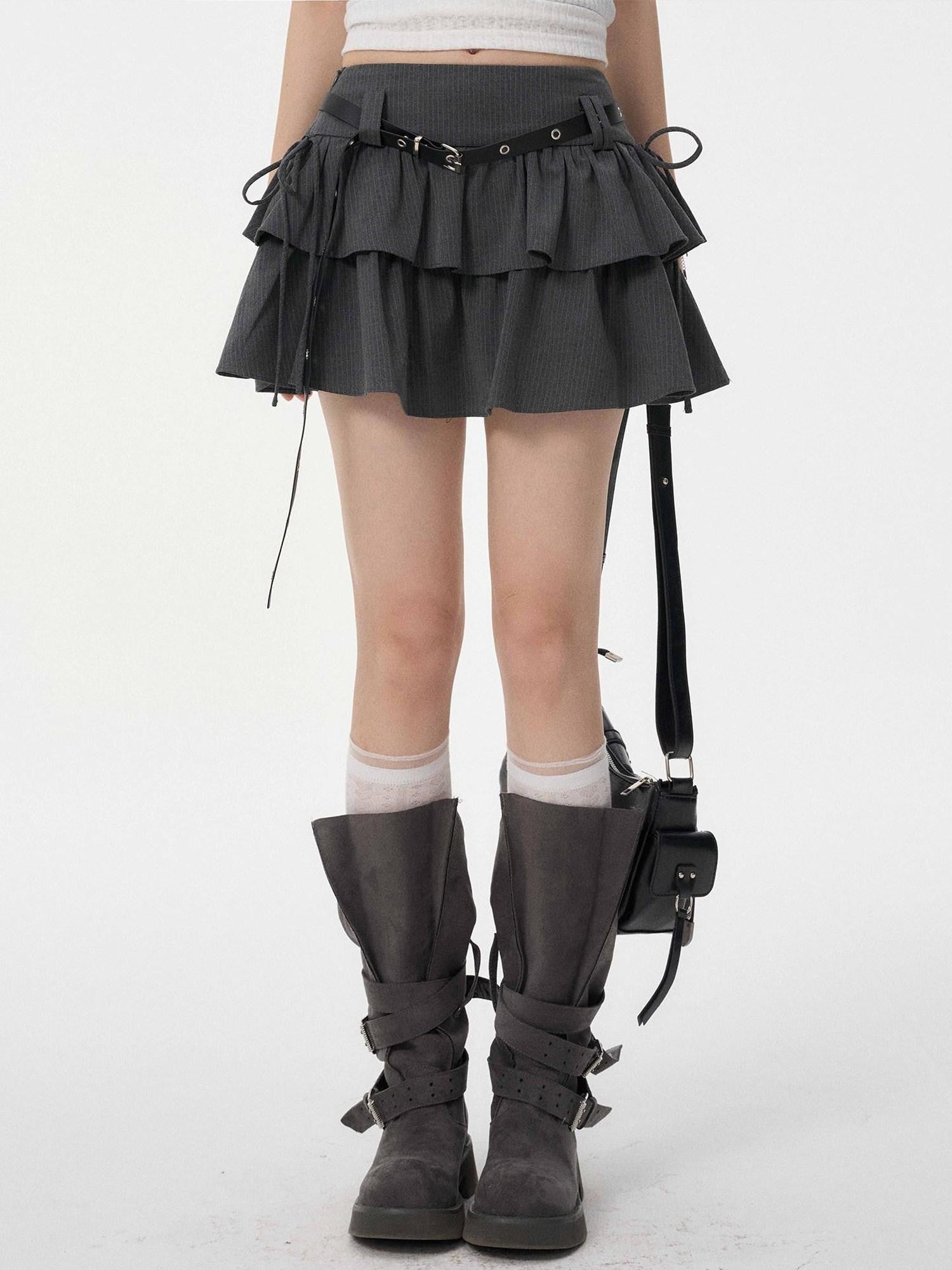 VEEMIX Gray Striped Tiered Pleated A Line Tie High Waist Women's Polyester Mini Skirts