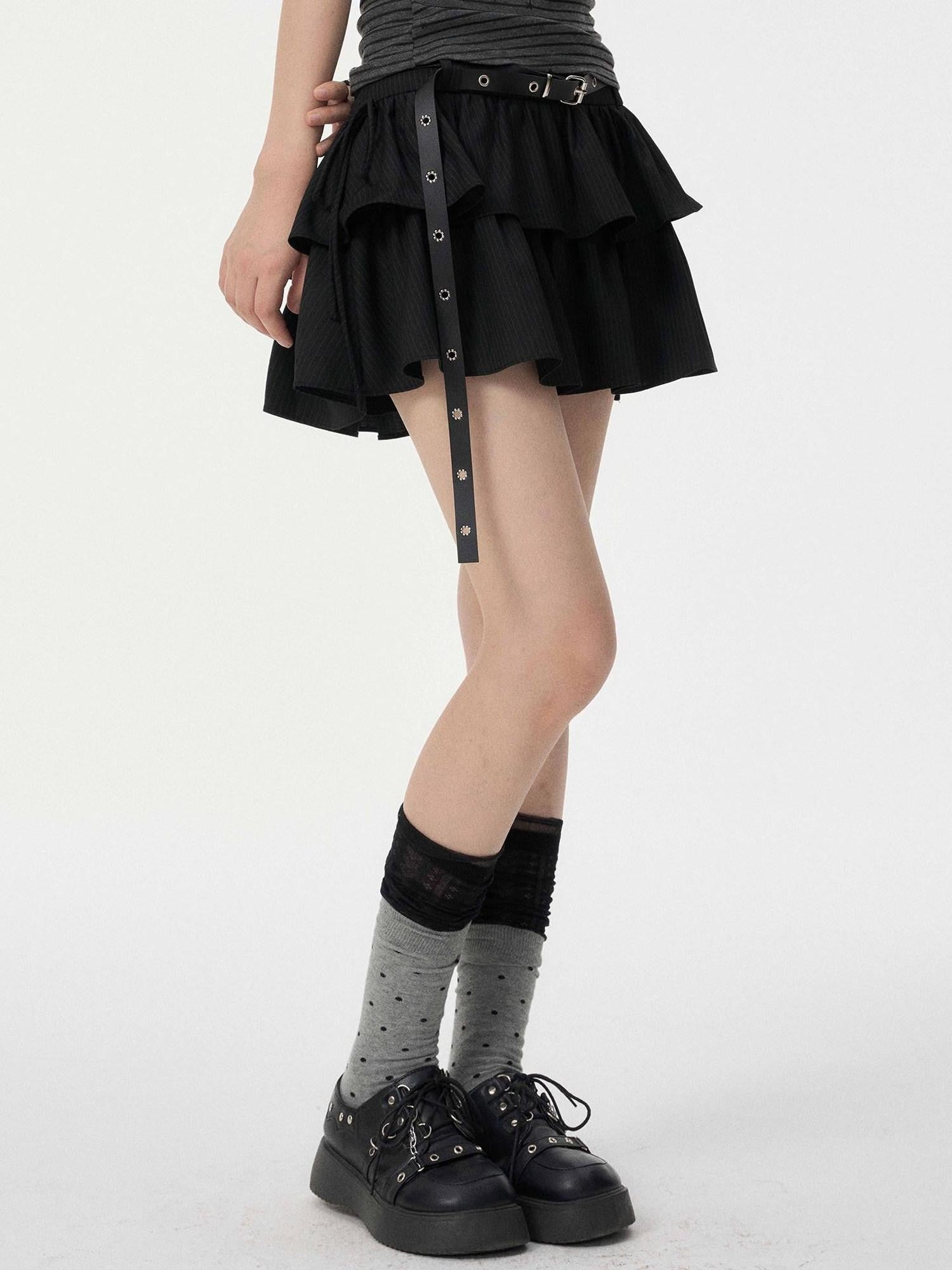 VEEMIX Gray Striped Tiered Pleated A Line Tie High Waist Women's Polyester Mini Skirts