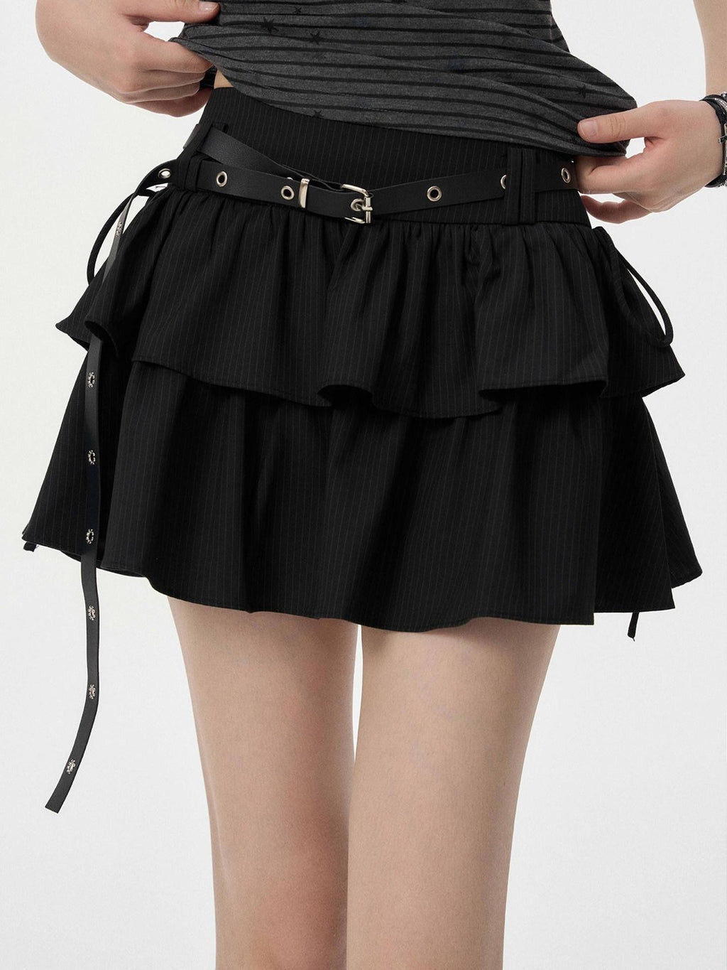 VEEMIX Gray Striped Tiered Pleated A Line Tie High Waist Women's Polyester Mini Skirts