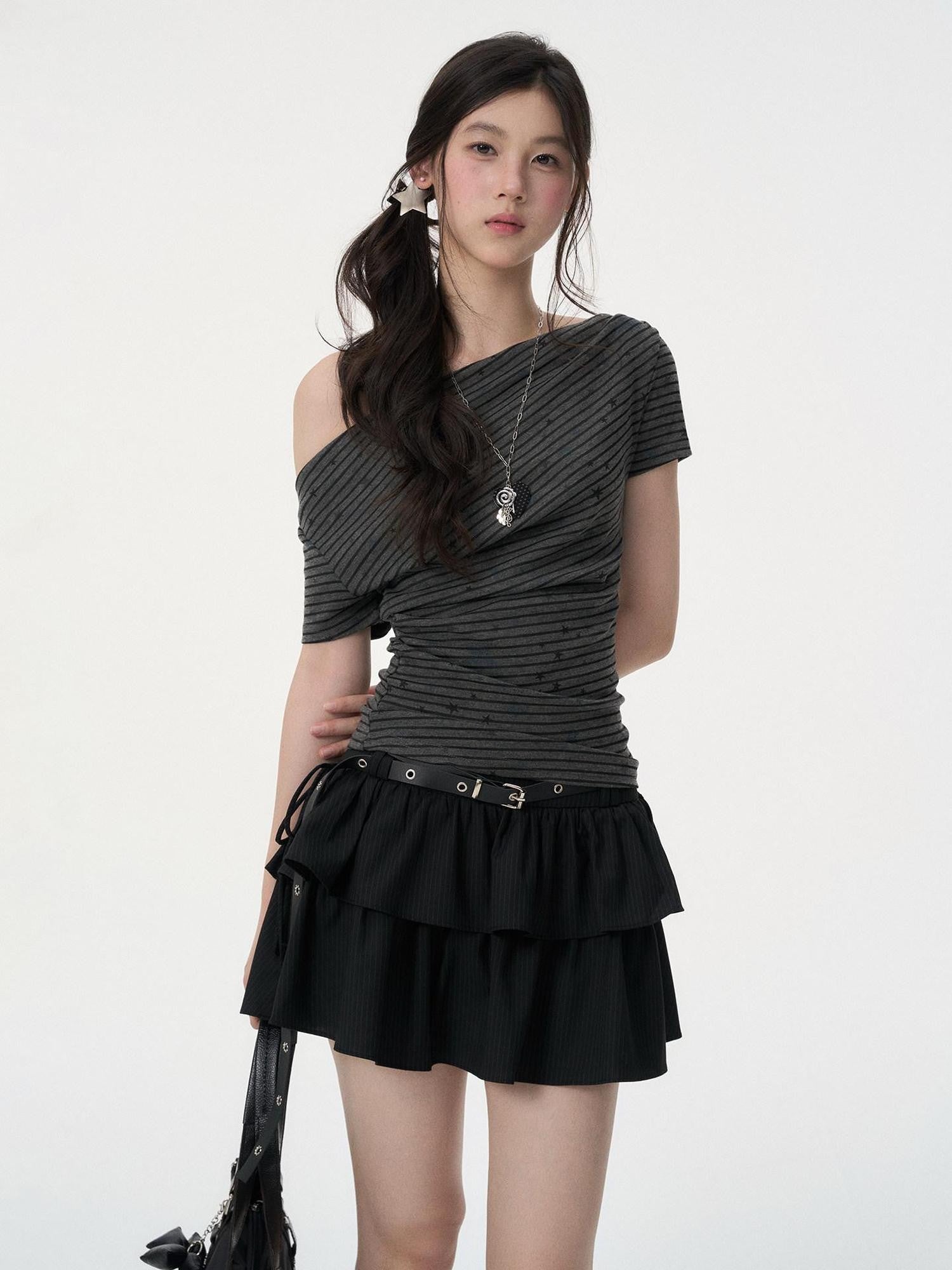 VEEMIX Gray Striped Tiered Pleated A Line Tie High Waist Women's Polyester Mini Skirts