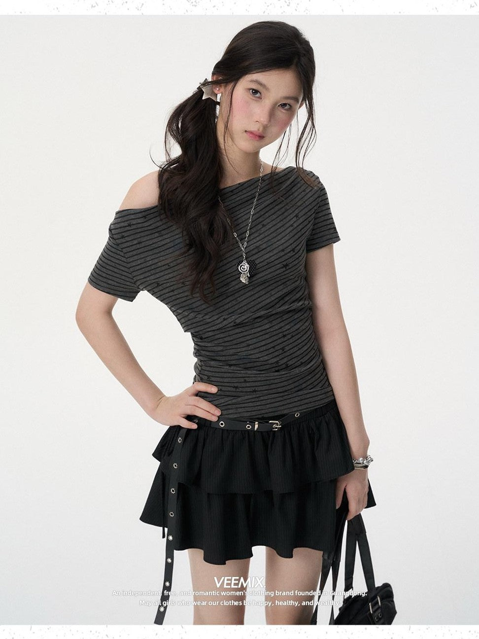 VEEMIX Gray Striped Tiered Pleated A Line Tie High Waist Women's Polyester Mini Skirts