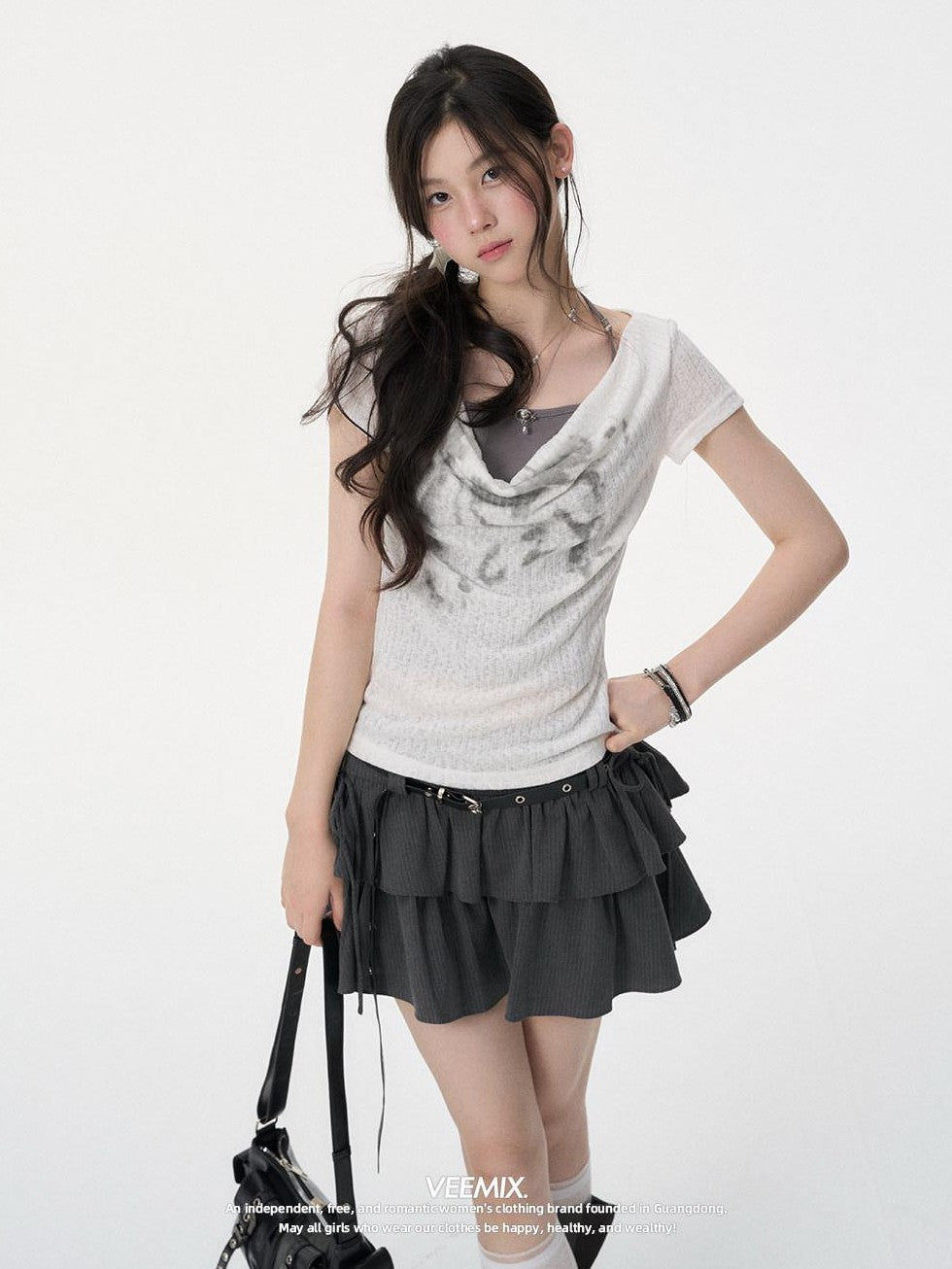 VEEMIX Gray Striped Tiered Pleated A Line Tie High Waist Women's Polyester Mini Skirts