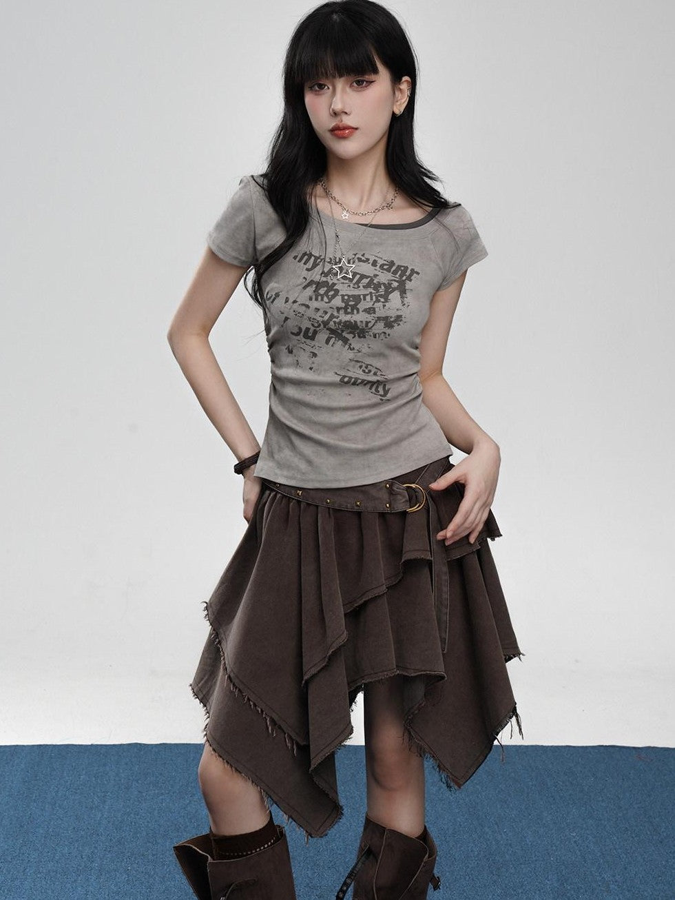 VEEMIX Gray Tie Dye Fake Layered Letter Print Women's Cotton Short Sleeve T-shirts