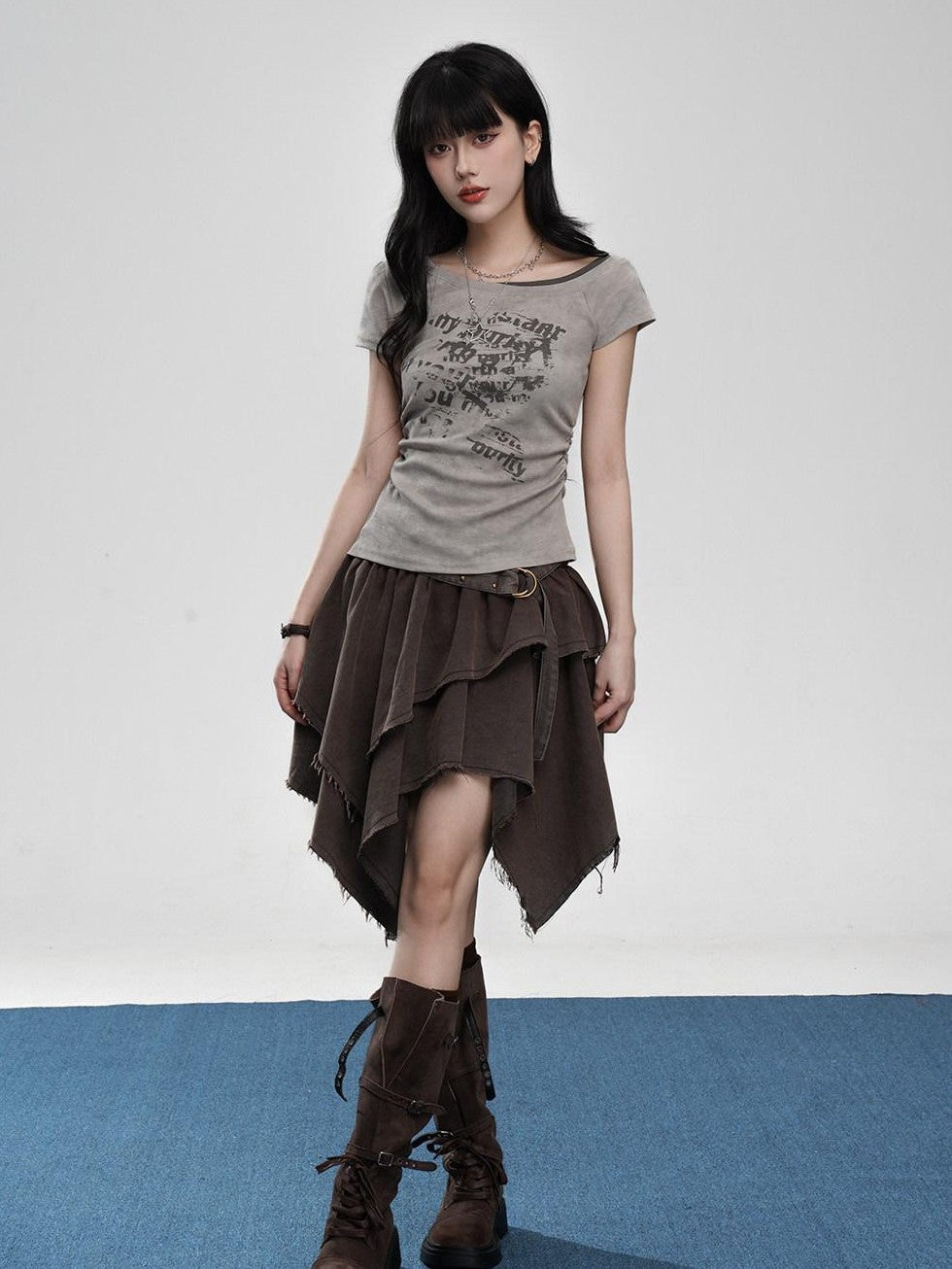 VEEMIX Gray Tie Dye Fake Layered Letter Print Women's Cotton Short Sleeve T-shirts
